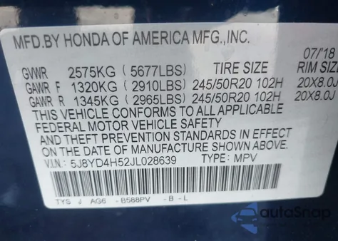 2018 Acura Mdx Technology Package Acurawatch Plus Pkg from USA, damaged, VIN 5J8YD4H52JL028639